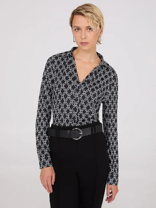 Women's Blouse with Collarless DesignChain Print Split Neck Button-Down Blouse