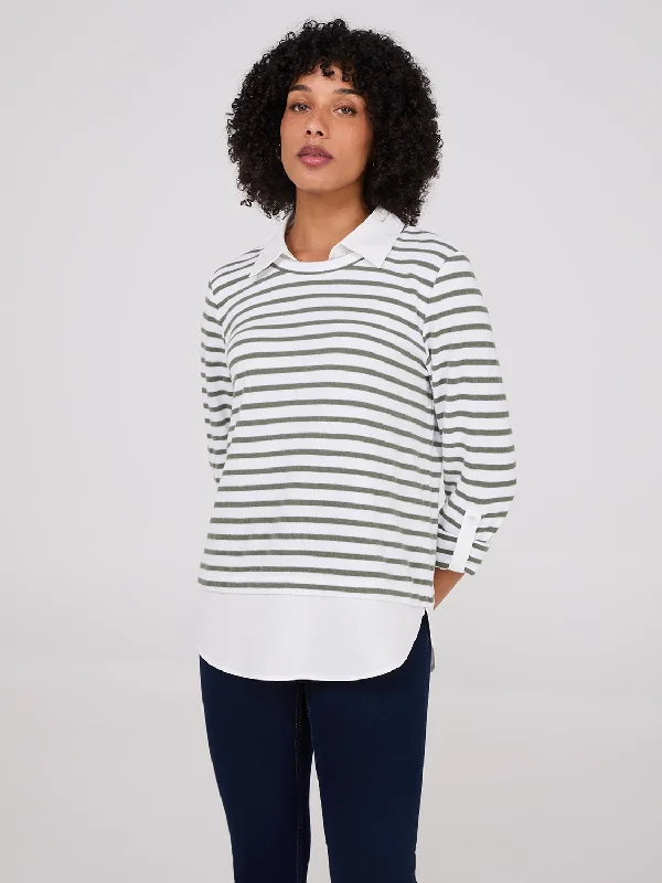 Women's Blouse with Boat Collar2-Fer Striped Sweater With Blouse