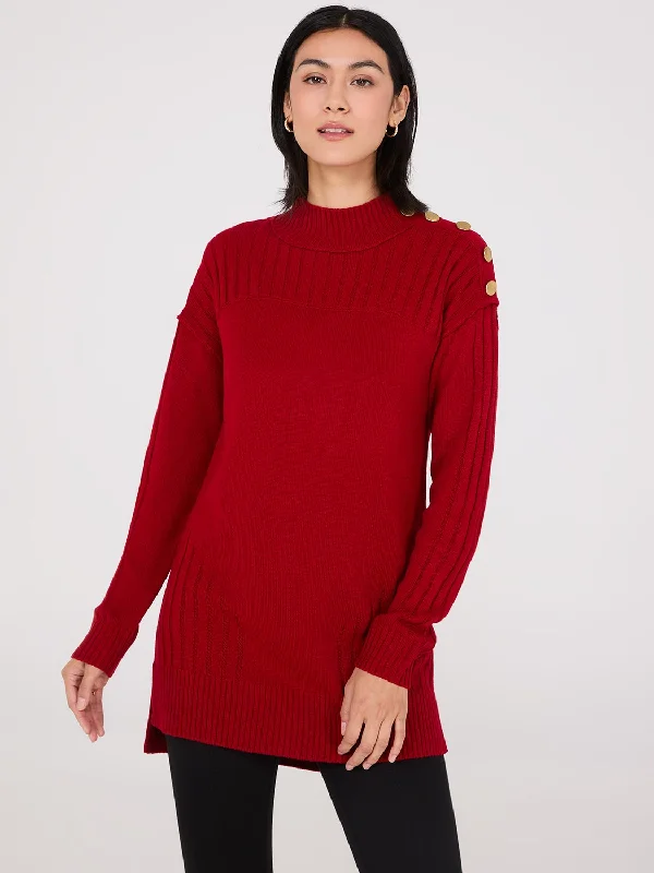 Women's Blouse with Straight HemMock Neck Tunic Sweater With Button Details