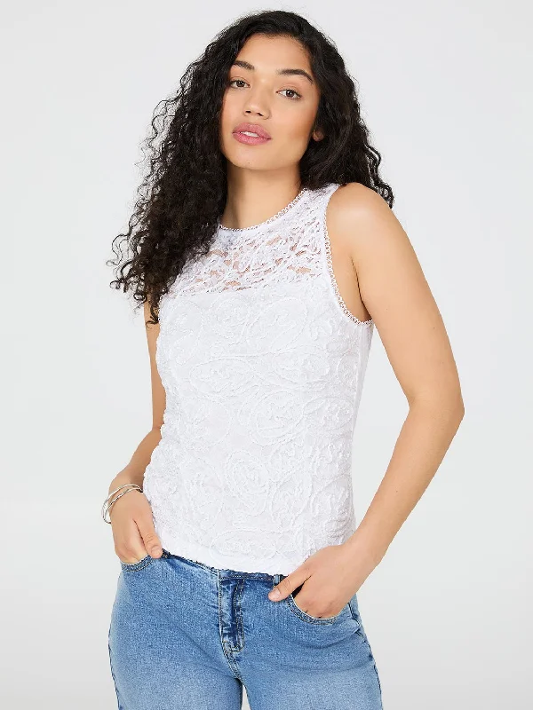 Women's Blouse with Low CollarSleeveless Corded Lace Top