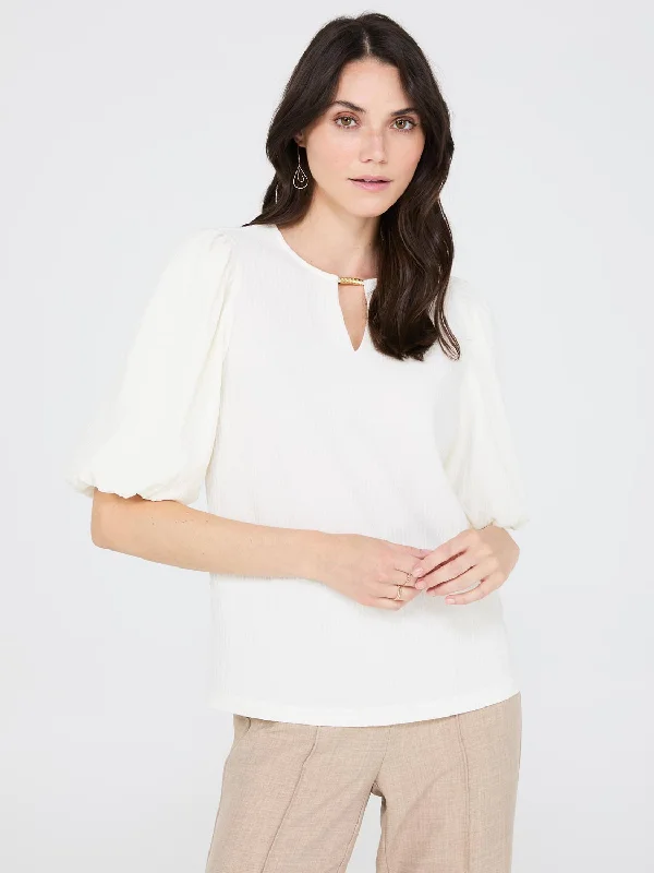 Women's Blouse with V-Shaped HemTextured Jacquard Top With Front Keyhole