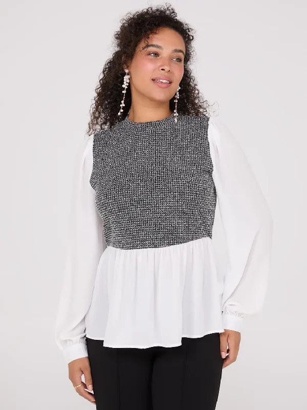 Women's Blouse with V-Shaped Collar2-Fer Boucle Vest With Long Sleeve Top