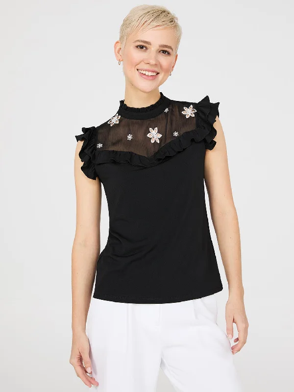 Women's Blouse with Wide CollarDouble Ruffle Embroidered Top