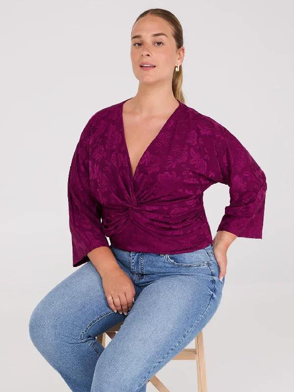 Women's Blouse with LaceFront Knot Kimono