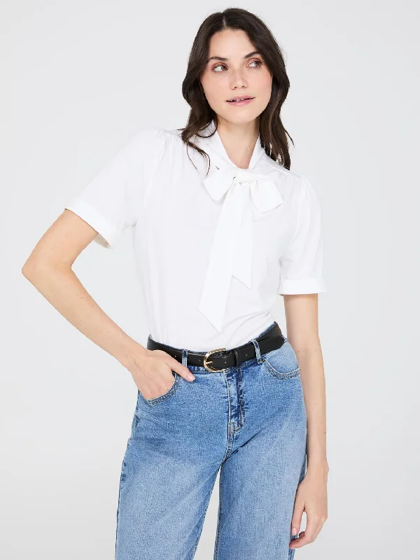 Women's Blouse with Notched CollarShort Sleeve Tie-Neck Top