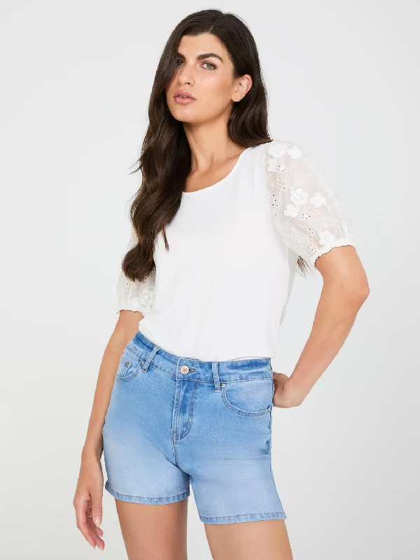 Women's Blouse for HolidayFlower Embroidered Eyelet Sleeve Top