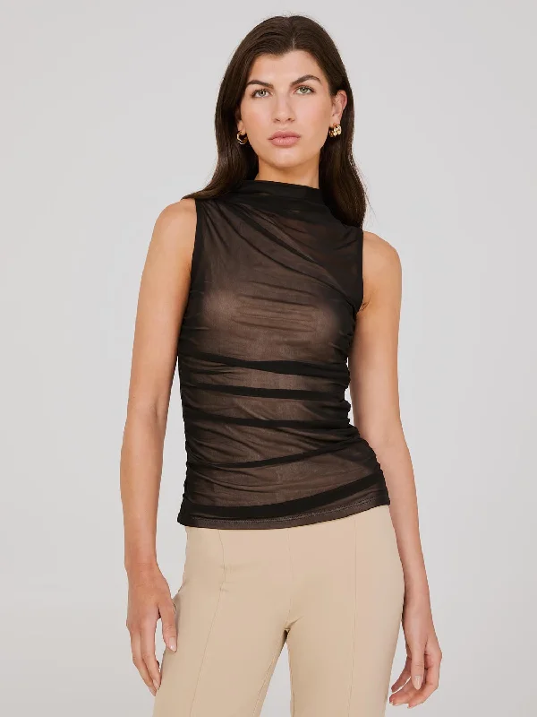 Women's Blouse with Notched CollarOne-Shoulder Mock Neck Top With Mesh Overlay