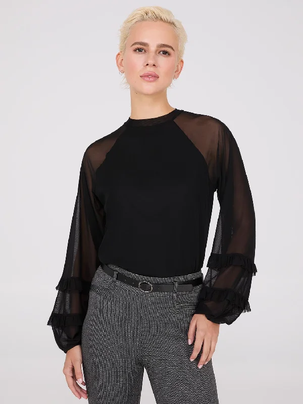 Women's Blouse with Shawl CollarMock Neck Mesh Top With Ruffle Details