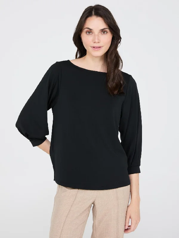 Women's Blouse with High Collar3/4 Pleated Sleeve Boat Neck Top