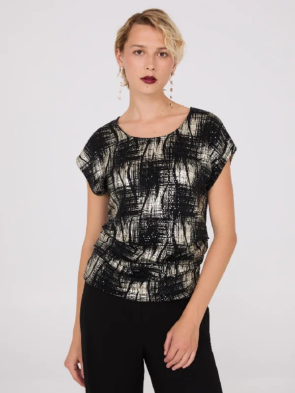 Women's Blouse with Collarless NeckSequin Abstract Print Short Sleeve Top