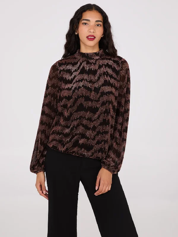 Women's Blouse with FlouncesGlitter Jacquard Mock Neck Top