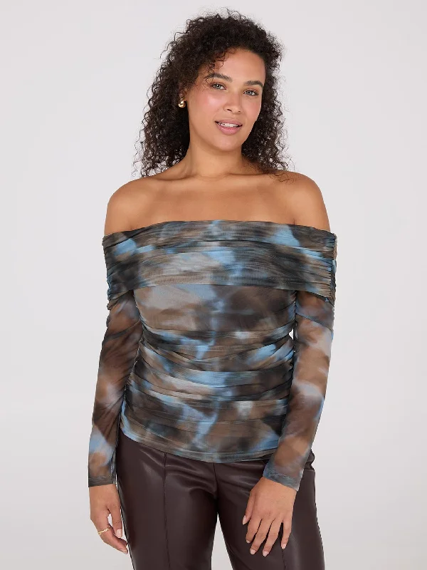 Women's Blouse with Shirt CollarRuched Off-The-Shoulder Printed Mesh Top