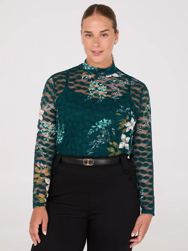 Women's Blouse with High CollarLace Floral Print Mock Neck Top