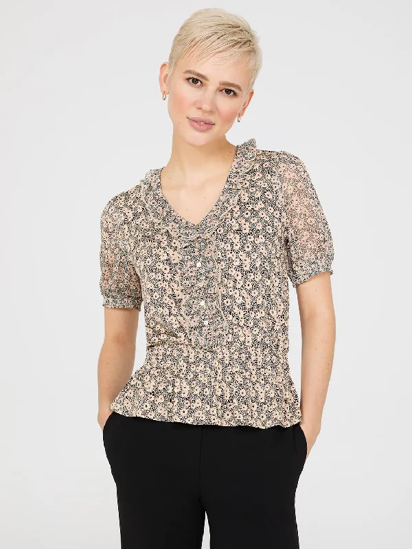 Women's Ruffled BlousePrinted Textured V-Neck Top With Smocked Bottom Band