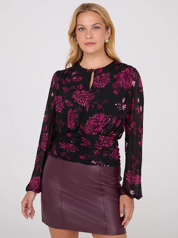 Women's Blouse with Sweetheart CollarFloral Print Mesh Top With Ruched Waistband