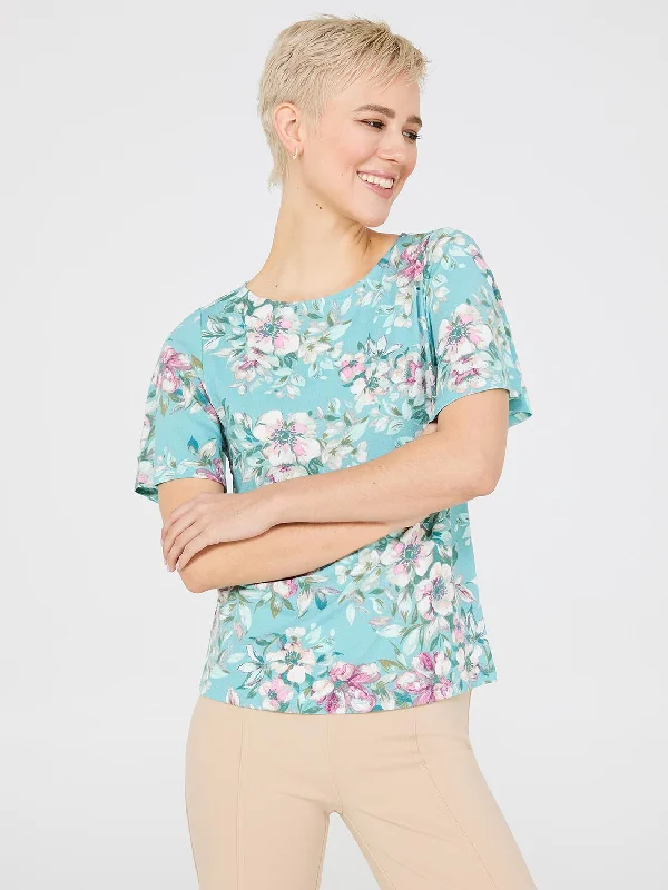 Women's Blouse for EveningFloral Print Flutter Sleeve Boat Neck Top