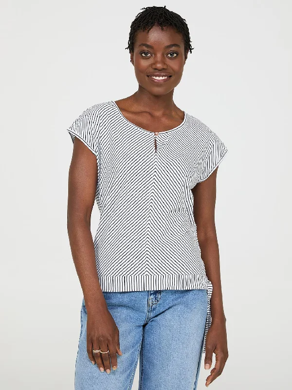 Women's Blouse with Mandarin CollarStriped Front Keyhole Top